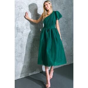 Flying Tomato Women's Romantic Emerald Green One Shoulder Tulle Midi Dress Small